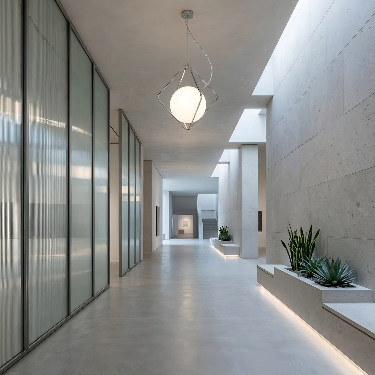 A modern, minimalist hallway with concrete floors, large frosted glass panels on the left, light stone walls, built-in planters with greenery, skylight natural light, and a sculptural Scarlette LED Pendant Light - White as the centerpiece.