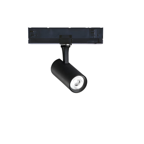 The Ignis LED Three Phase Track Spotlight 8W CRI90 3000K 1-10V in black features a modern design with a cylindrical spotlight mounted on a rectangular track. Its 3000K lighting enhances the ambiance, while the CRI90 provides vibrant and accurate color representation, making it ideal for any contemporary space.