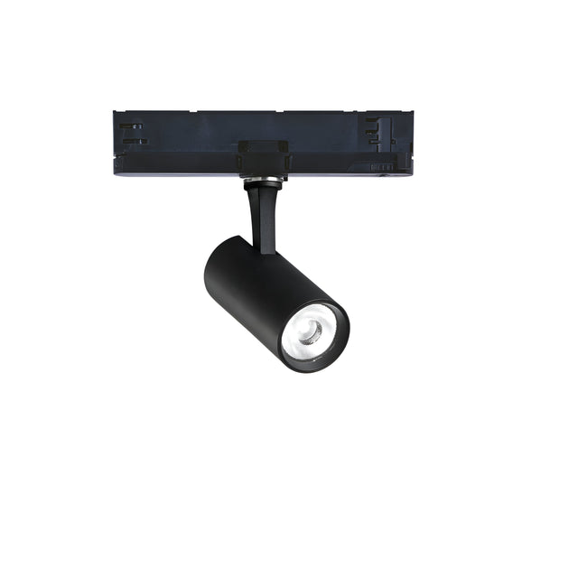 The Ignis LED Three Phase Track Spotlight 8W CRI90 3000K 1-10V in black features a modern design with a cylindrical spotlight mounted on a rectangular track. Its 3000K lighting enhances the ambiance, while the CRI90 provides vibrant and accurate color representation, making it ideal for any contemporary space.
