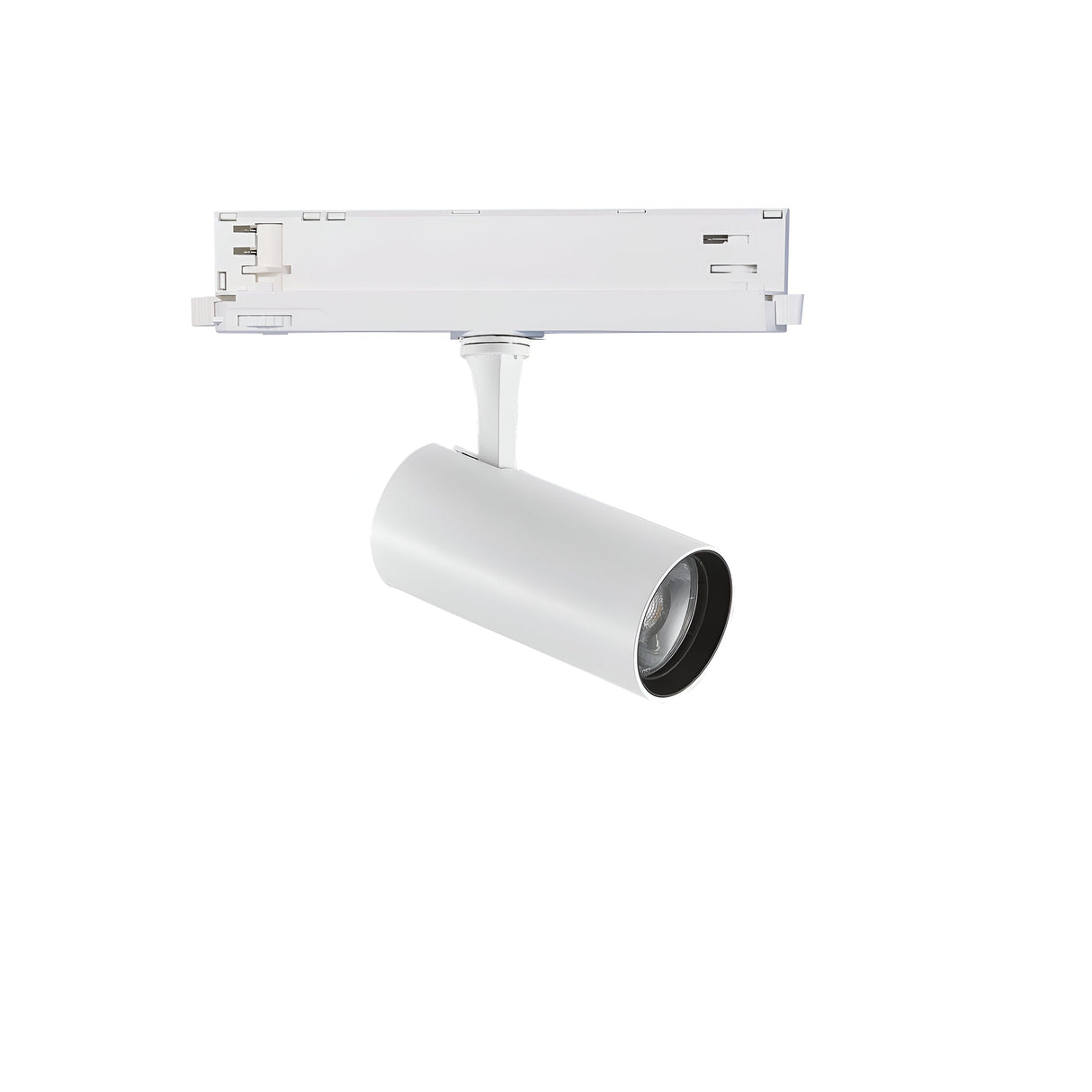 The Ignis Dimmable LED Three Phase Track Spotlight, featuring a sleek cylindrical design, offers adjustable and dimmable lighting mounted on a rectangular track rail. With its high CRI rating of 90 for excellent color rendering and minimalist aesthetics, it's an ideal choice for contemporary interiors.