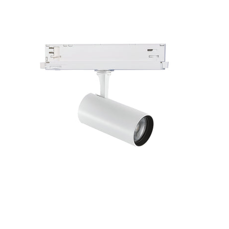 The Ignis Dimmable LED Three Phase Track Spotlight, featuring a sleek cylindrical design, offers adjustable and dimmable lighting mounted on a rectangular track rail. With its high CRI rating of 90 for excellent color rendering and minimalist aesthetics, it's an ideal choice for contemporary interiors.