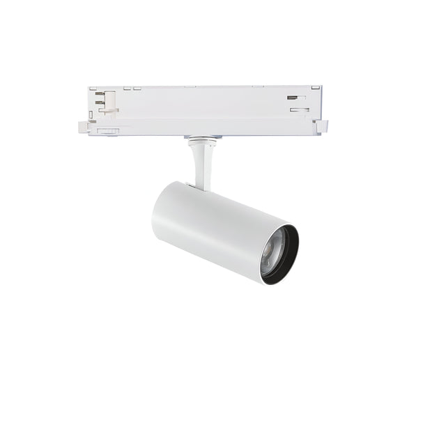 The Ignis Dimmable LED Three Phase Track Spotlight, featuring a sleek cylindrical design, offers adjustable and dimmable lighting mounted on a rectangular track rail. With its high CRI rating of 90 for excellent color rendering and minimalist aesthetics, it's an ideal choice for contemporary interiors.