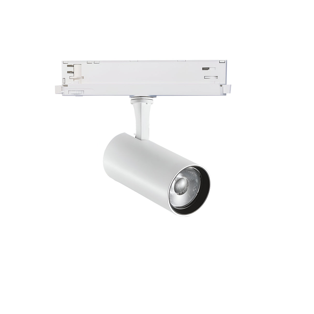 The Ignis LED Three Phase Track Spotlight, featuring a 15W power output and CRI90 for accurate color rendering, is elegantly designed with a white cylindrical shape. It is mounted on a straight white track and supports 1-10V dimming, providing optimal directional lighting with its angled downward positioning.