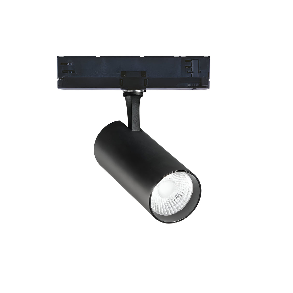 The Ignis LED Three Phase Track Spotlight 25W in black features a cylindrical design mounted on a rectangular base. With CRI90 for vibrant color rendering, the light is directed downward, showcasing the bulb in its casing against a plain white background that enhances its modern appeal.