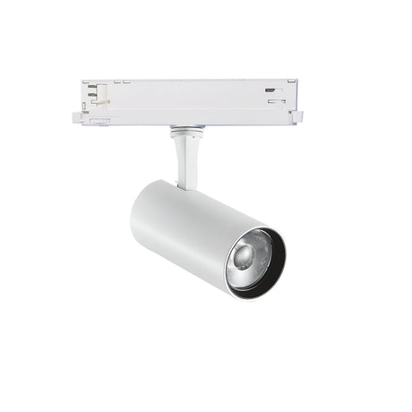 The Ignis Dimmable LED Three Phase Track Spotlight 25W CRI90 3000K in white is a ceiling-installed adjustable track lighting fixture with a cylindrical design, offering directional illumination and high CRI lighting for improved color accuracy.