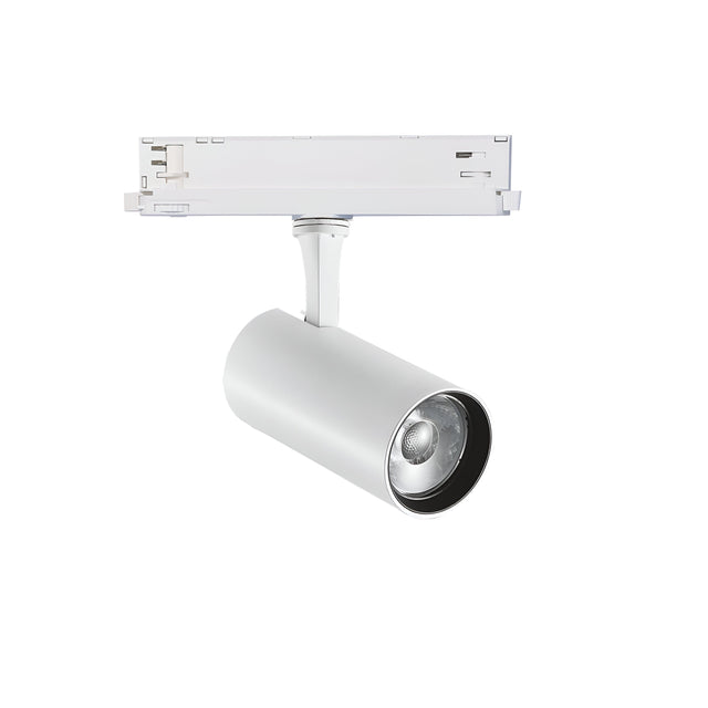 The Ignis Dimmable LED Three Phase Track Spotlight 25W CRI90 3000K in white is a ceiling-installed adjustable track lighting fixture with a cylindrical design, offering directional illumination and high CRI lighting for improved color accuracy.
