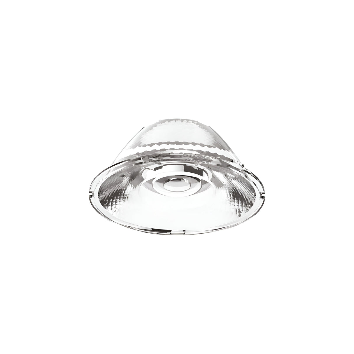 A shiny, metallic light reflector with a conical shape and textured interior enhances brightness and focus for precise lighting control. Designed to function seamlessly with the Ignis Track Light Lens - 15°, 6.2cm, the reflector is viewed from below, highlighting its circular opening against a plain white background.