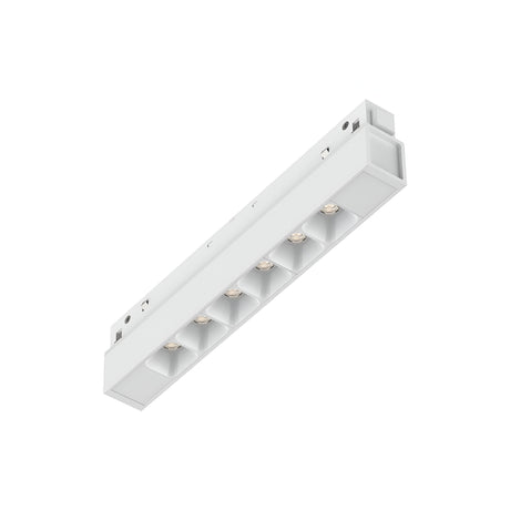 Introducing the Luxeon Dimmable LED Magnetic Linear Track Light, a sleek white ceiling-mounted fixture with an elegant minimalist design. It features six 7W embedded bulbs with a warm 3000K color temperature, making it perfect for modern interiors.