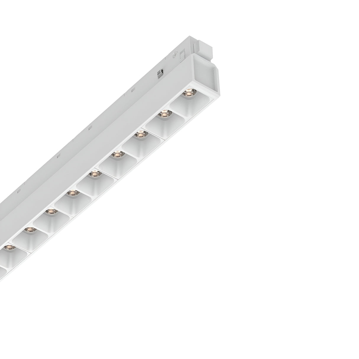 A Luxeon Dimmable LED Magnetic Linear Track Light, shaped long and rectangular, features multiple evenly spaced bulb sockets within a sleek white casing. It offers 1-10V dimmable capability and emits a warm 3000K glow, displayed against a plain white background.