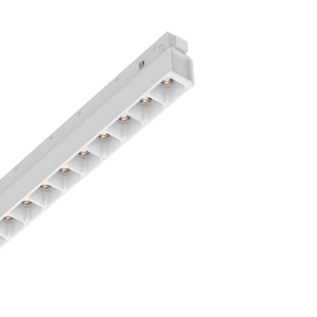 A Luxeon Dimmable LED Magnetic Linear Track Light, shaped long and rectangular, features multiple evenly spaced bulb sockets within a sleek white casing. It offers 1-10V dimmable capability and emits a warm 3000K glow, displayed against a plain white background.