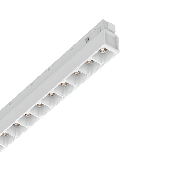 A Luxeon Dimmable LED Magnetic Linear Track Light, shaped long and rectangular, features multiple evenly spaced bulb sockets within a sleek white casing. It offers 1-10V dimmable capability and emits a warm 3000K glow, displayed against a plain white background.