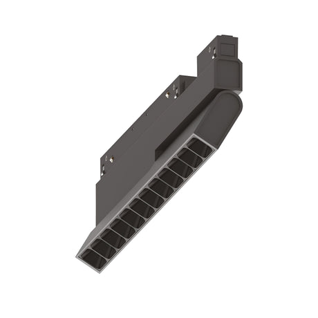 The Luxeon Dimmable LED Adjustable Linear Track Light 13W 3000K 1-10V in black features a modern design with multiple square light openings. Mounted at an angle, this sleek track light includes a partially visible rail attachment and is ideal for contemporary interior lighting.