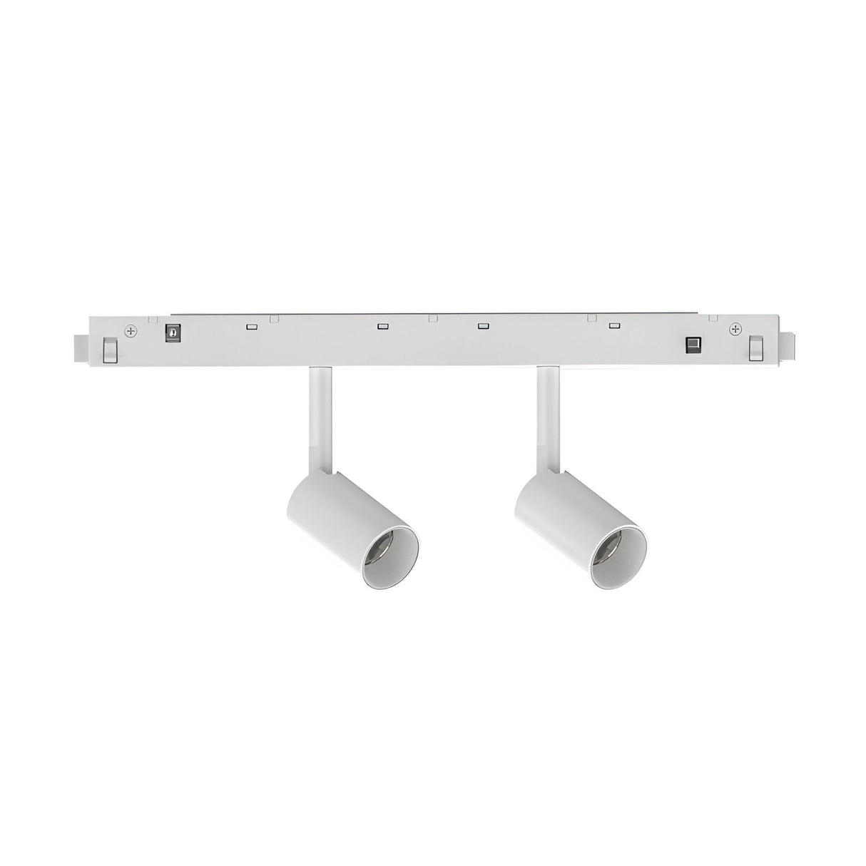 Introducing the Luxeon Dimmable LED Magnetic Twin Track Spotlight in White, a minimalist track lighting fixture designed for modern interiors. It features a magnetic track system with two adjustable 5W 3000K cylindrical LED spotlights attached to a linear base for focused illumination.