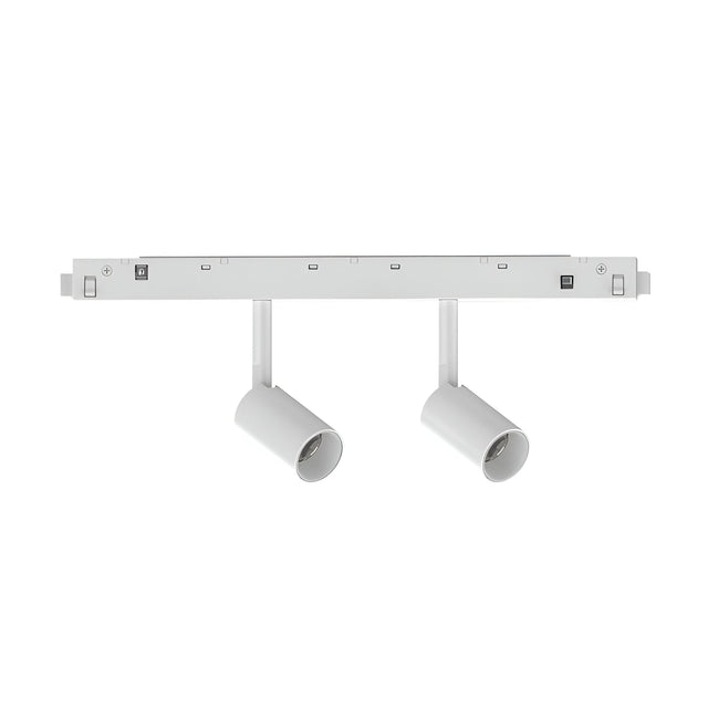 Introducing the Luxeon Dimmable LED Magnetic Twin Track Spotlight in White, a minimalist track lighting fixture designed for modern interiors. It features a magnetic track system with two adjustable 5W 3000K cylindrical LED spotlights attached to a linear base for focused illumination.