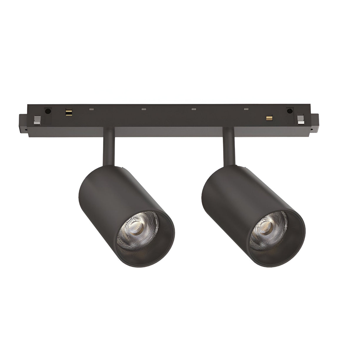The Luxeon Dimmable LED Magnetic Twin Track Spotlight 16W 3000K 1-10V in black is a sleek, modern track light fixture mounted on a rectangular bar. It features two cylindrical adjustable lights and is tailored for contemporary interiors, providing focused illumination with its minimalist design at a warm 3000K.