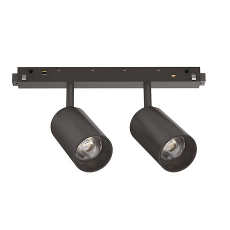 The Luxeon Dimmable LED Magnetic Twin Track Spotlight 16W 3000K 1-10V in black is a sleek, modern track light fixture mounted on a rectangular bar. It features two cylindrical adjustable lights and is tailored for contemporary interiors, providing focused illumination with its minimalist design at a warm 3000K.