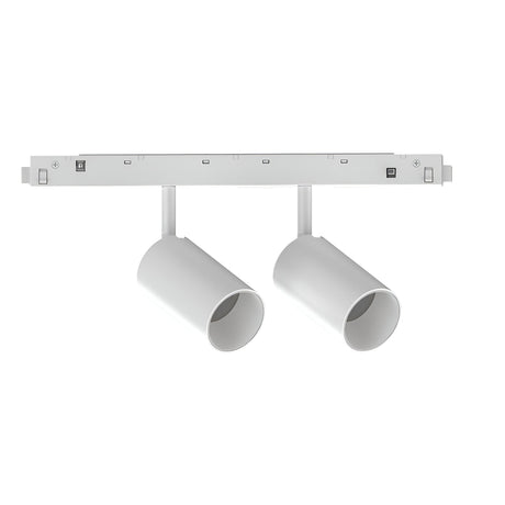The Luxeon Dimmable LED Magnetic Twin Track Spotlight 16W 3000K in white boasts two adjustable, dimmable spotlights on a rectangular track. These energy-efficient LEDs are angled slightly downward to deliver focused illumination ideal for a modern setting.