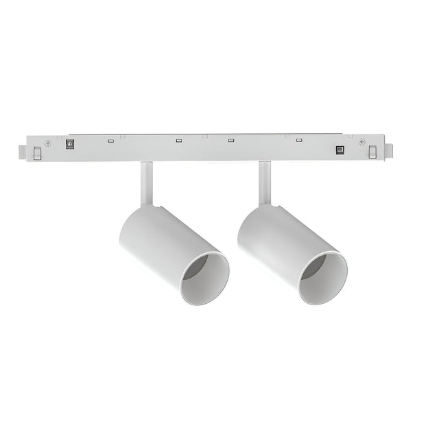 The Luxeon Dimmable LED Magnetic Twin Track Spotlight 16W 3000K in white boasts two adjustable, dimmable spotlights on a rectangular track. These energy-efficient LEDs are angled slightly downward to deliver focused illumination ideal for a modern setting.