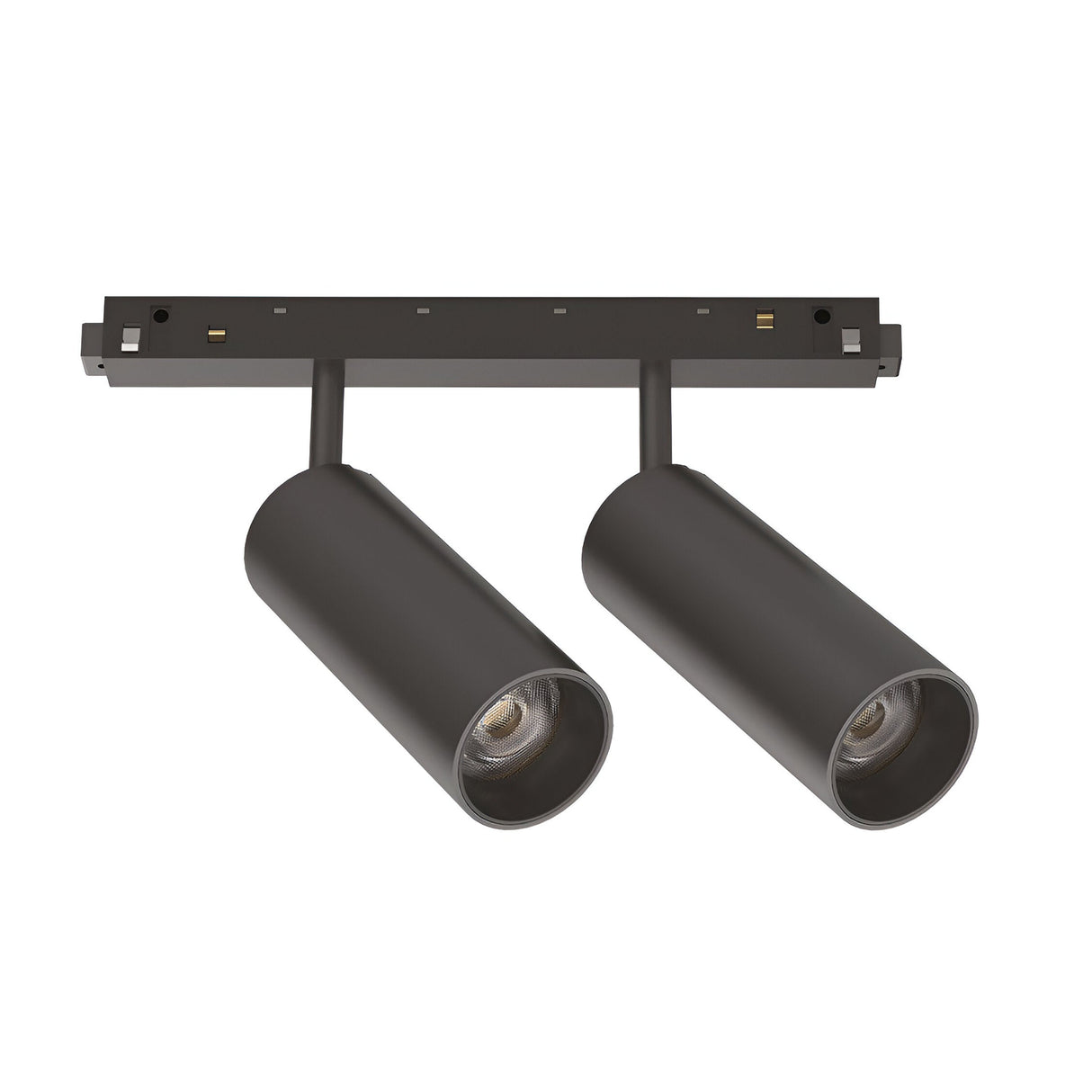 Introducing the Luxeon Dimmable LED Magnetic Twin Track Spotlight, a modern black ceiling fixture with 24W power and 4000K brightness. This minimalist design features dimmable cylindrical lights affixed to a horizontal mounting bar, ensuring energy-efficient performance perfect for contemporary home or office lighting.
