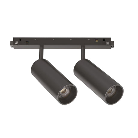 Introducing the Luxeon Dimmable LED Magnetic Twin Track Spotlight, a modern black ceiling fixture with 24W power and 4000K brightness. This minimalist design features dimmable cylindrical lights affixed to a horizontal mounting bar, ensuring energy-efficient performance perfect for contemporary home or office lighting.