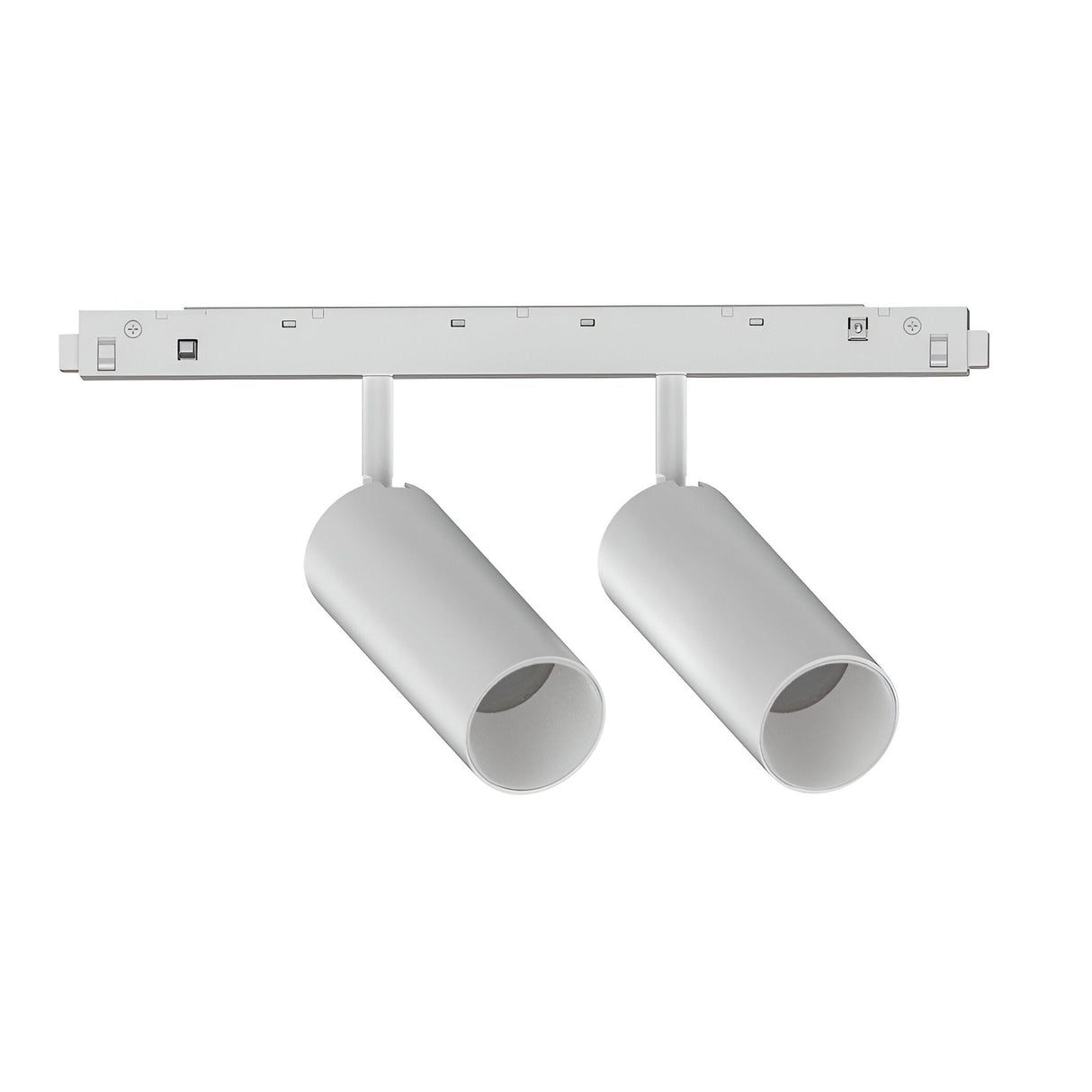 A modern track lighting system featuring the Luxeon Dimmable LED Magnetic Twin Track Spotlight in white, with a 24W output and a 3000K light temperature, is mounted on a rectangular track against a plain white background.