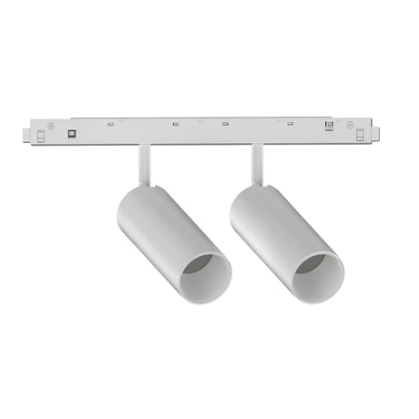 A modern track lighting system featuring the Luxeon Dimmable LED Magnetic Twin Track Spotlight in white, with a 24W output and a 3000K light temperature, is mounted on a rectangular track against a plain white background.