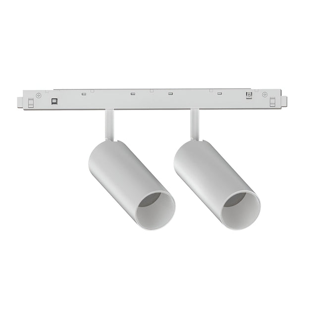 A modern track lighting system featuring the Luxeon Dimmable LED Magnetic Twin Track Spotlight in white, with a 24W output and a 3000K light temperature, is mounted on a rectangular track against a plain white background.