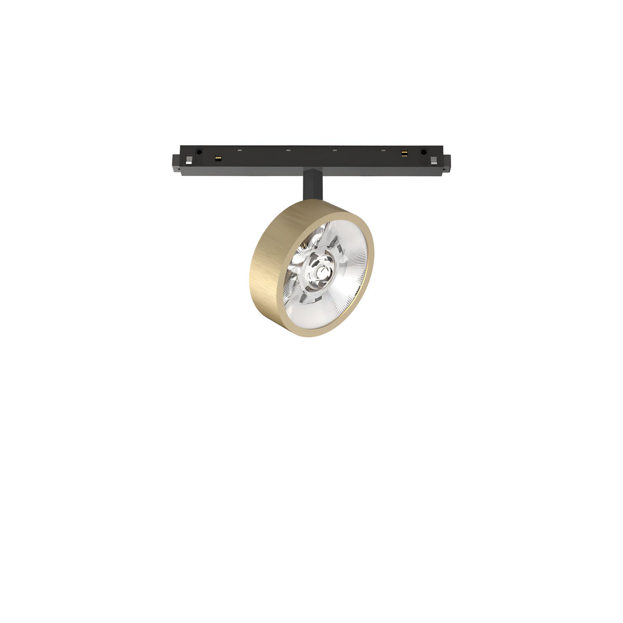 The Luxeon Dimmable LED Magnetic Track Spotlight 9W 3000K 1-10V - Brass is a circular, gold-colored light with a brass finish, mounted on a horizontal black track for adjustable positioning. Its dimmable LED spotlight features a visible bulb that faces downward against a plain white background.