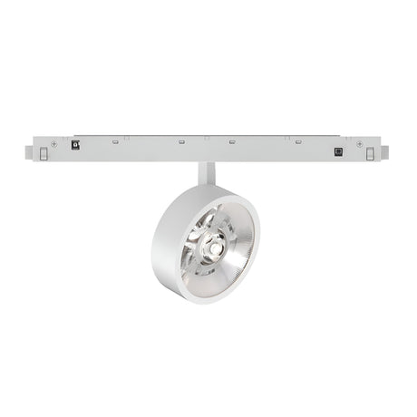 The Luxeon Dimmable LED Magnetic Track Spotlight 9W 3000K 1-10V in white features a circular, reflective head mounted on a rectangular track, emitting a warm 3000K light perfect for contemporary interiors with its modern and minimalist design.