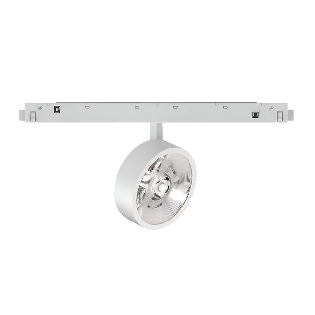 The Luxeon Dimmable LED Magnetic Track Spotlight 9W 3000K 1-10V in white features a circular, reflective head mounted on a rectangular track, emitting a warm 3000K light perfect for contemporary interiors with its modern and minimalist design.