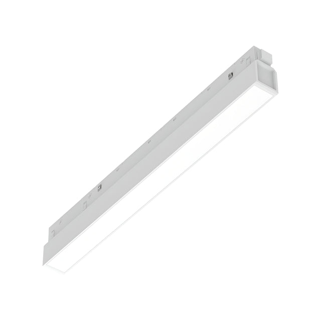 A long, rectangular LED light fixture with a white frame is set against a plain white background. The Luxeon Wide Dimmable LED Magnetic Linear Track Light 7W in White showcases a simple, modern design with clean edges and provides 3000K illumination for versatile ambiance.