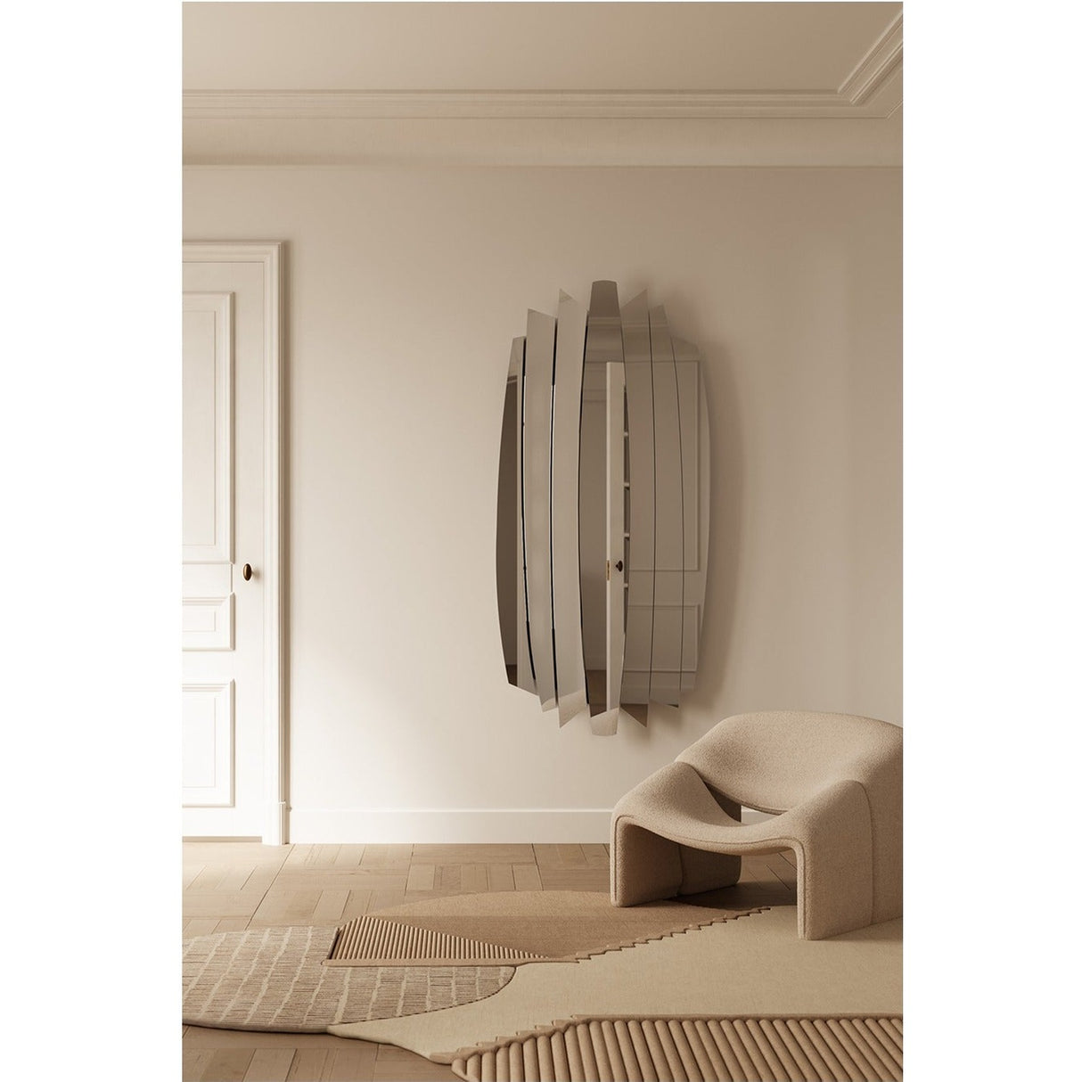 Tutti Faceted 7 Blade Full Length Mirror, 190cm, mounted on a beige wall in a hallway, its irregular outline formed by angled mirrored blades in a mirrored finish.
