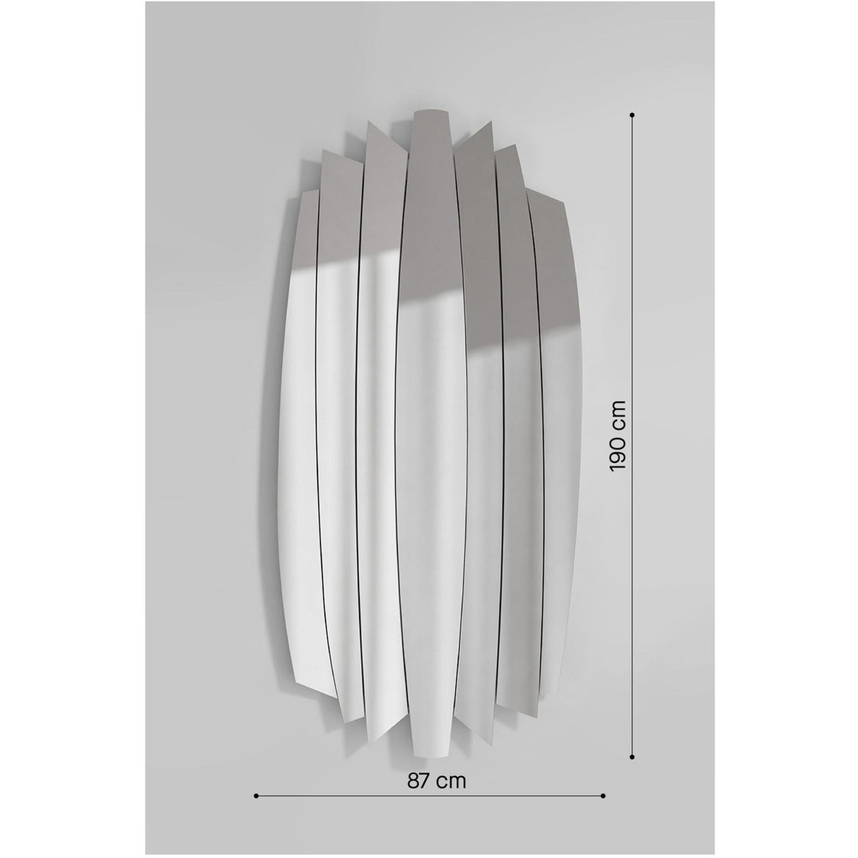 Tutti Faceted 7 Blade Full Length Mirror, 190cm high by 87cm wide, with an irregular outline formed by seven angled mirror blades, shown against a plain grey background with dimension labels.