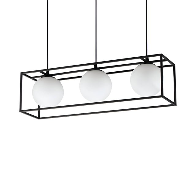 The Dawn 3 Suspension Light - Black showcases three spherical white lamps gracefully suspended within a minimalist rectangular frame. Its sleek, matte black finish highlights contemporary geometric shapes.