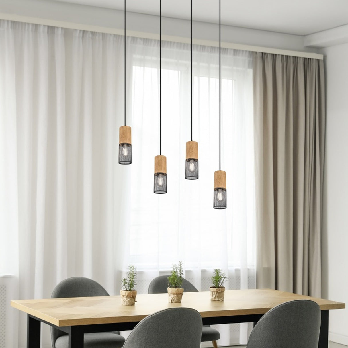 Tosh 4 Light Wooden Chandelier – Matt Black