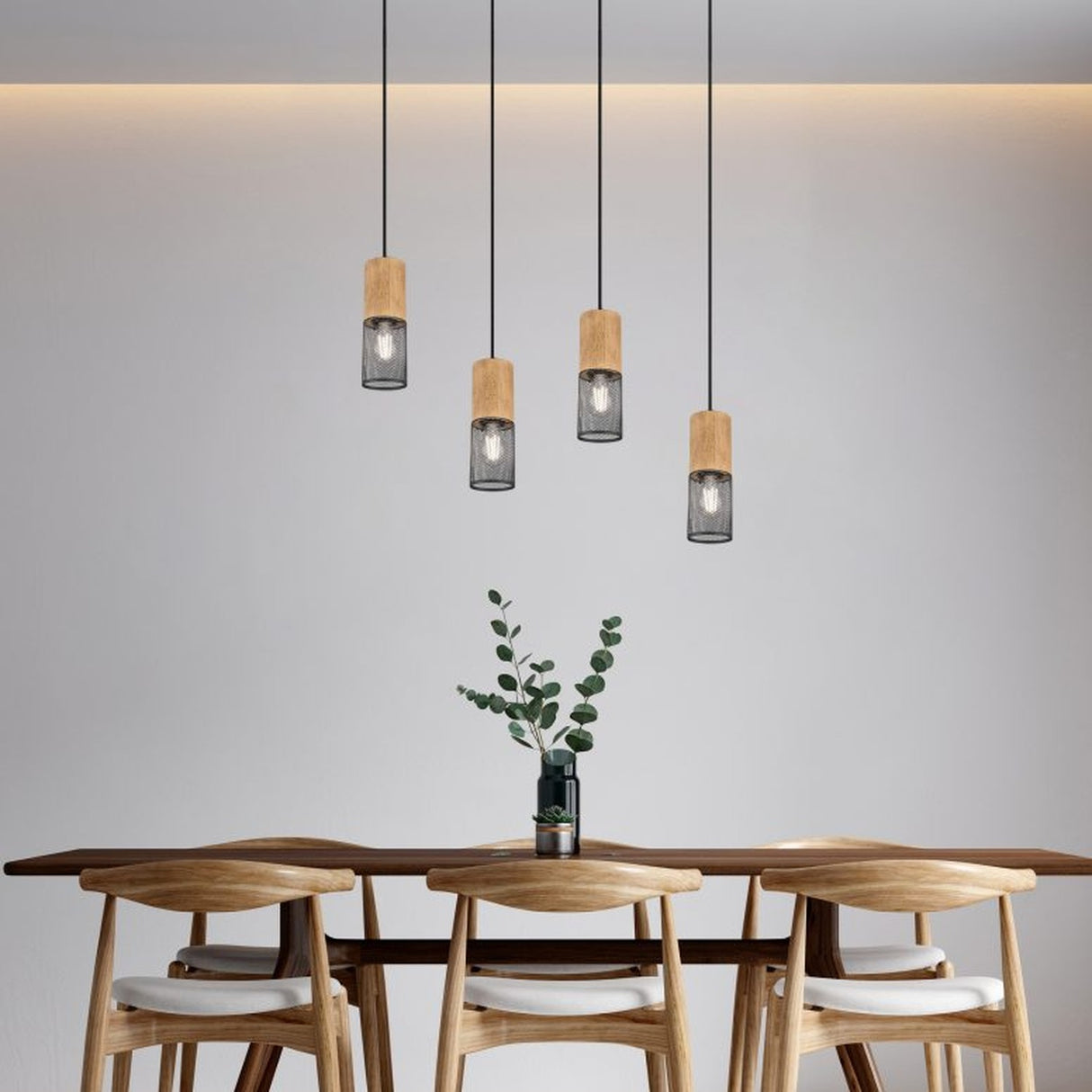 Tosh 4 Light Wooden Chandelier – Matt Black