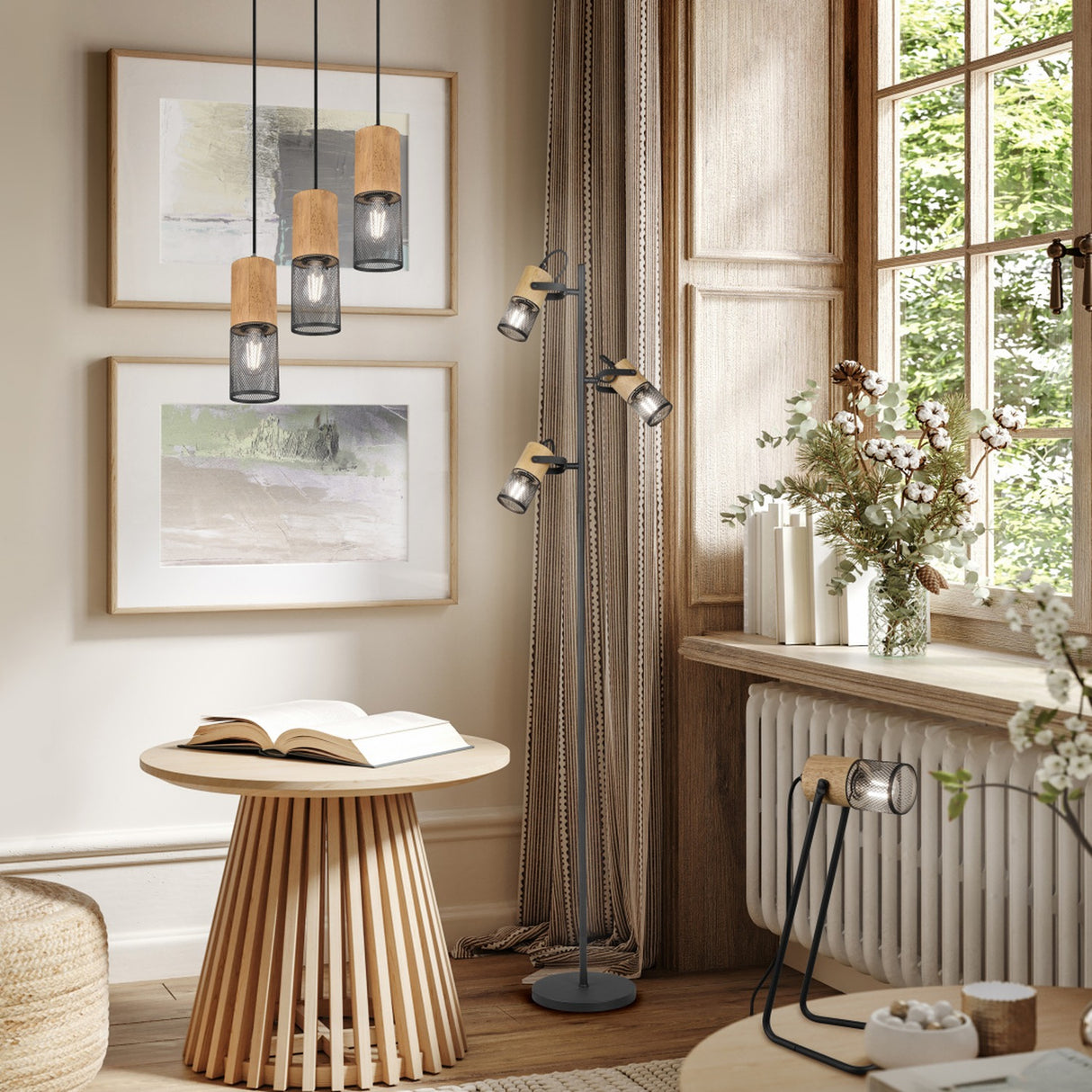 Tosh 3 Light Wooden Chandelier – Matt Black