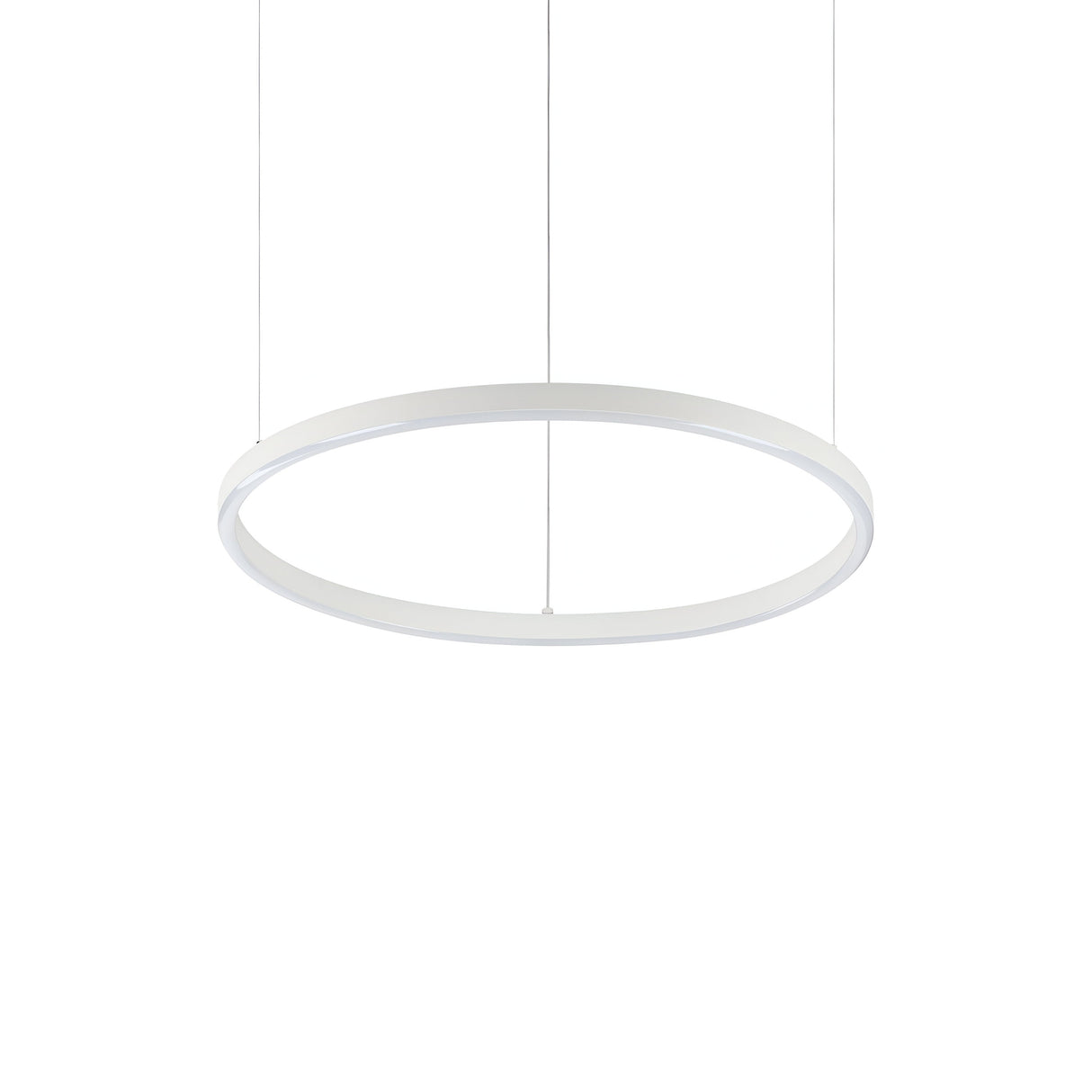 Introducing the Arcena Round Dimmable LED Suspension Light 3000K, a sleek, modern pendant designed with a minimalist thin white frame. This 50cm LED masterpiece is elegantly suspended by two wires against a plain white backdrop, epitomizing contemporary design.