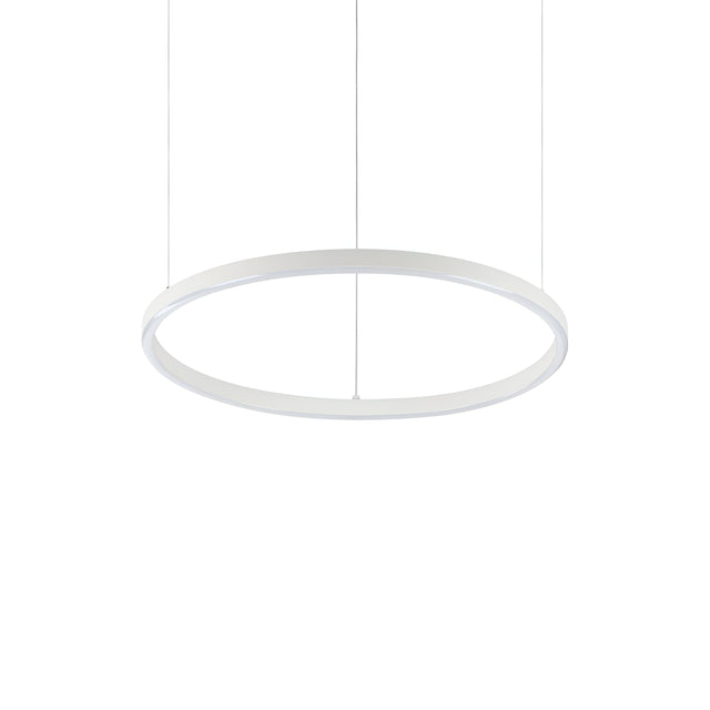 Introducing the Arcena Round Dimmable LED Suspension Light 3000K, a sleek, modern pendant designed with a minimalist thin white frame. This 50cm LED masterpiece is elegantly suspended by two wires against a plain white backdrop, epitomizing contemporary design.