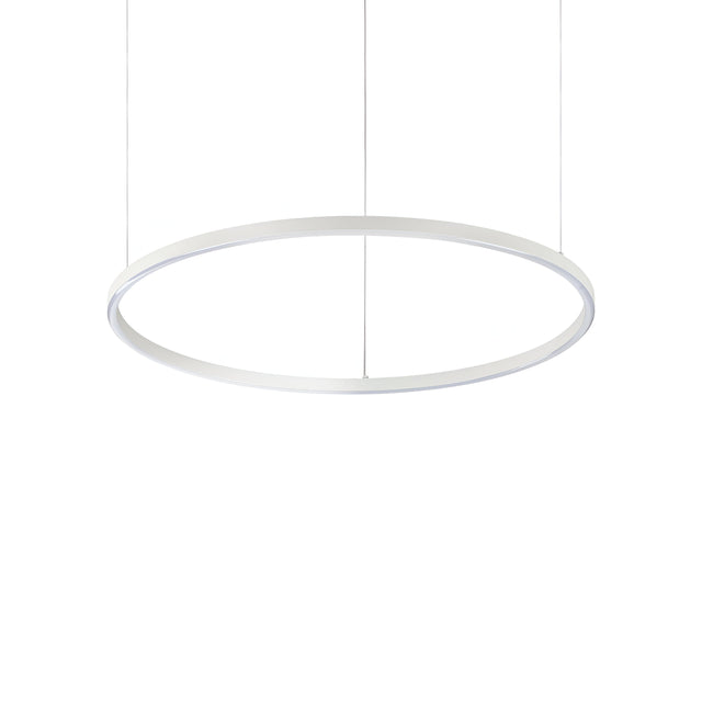 The Arcena Round LED Suspension Light, featuring a sleek 70cm white circular design, is elegantly suspended by two thin wires against a plain white background. This modern lighting fixture offers dimmable LED illumination at 3000K for creating versatile ambiance.