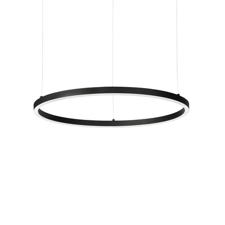 The sleek black Arcena Round LED Suspension Light - 4000K, Black, 70cm gracefully hangs from slender cords against a white backdrop, exuding a contemporary ambiance with its cool white LED illumination.