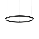 A contemporary Arcena Round LED Suspension Light in sleek black, utilizing state-of-the-art LED technology and suspended elegantly by thin wires against a white backdrop. The fixture is fully dimmable and spans 90cm, providing energy-efficient illumination at 3000K.
