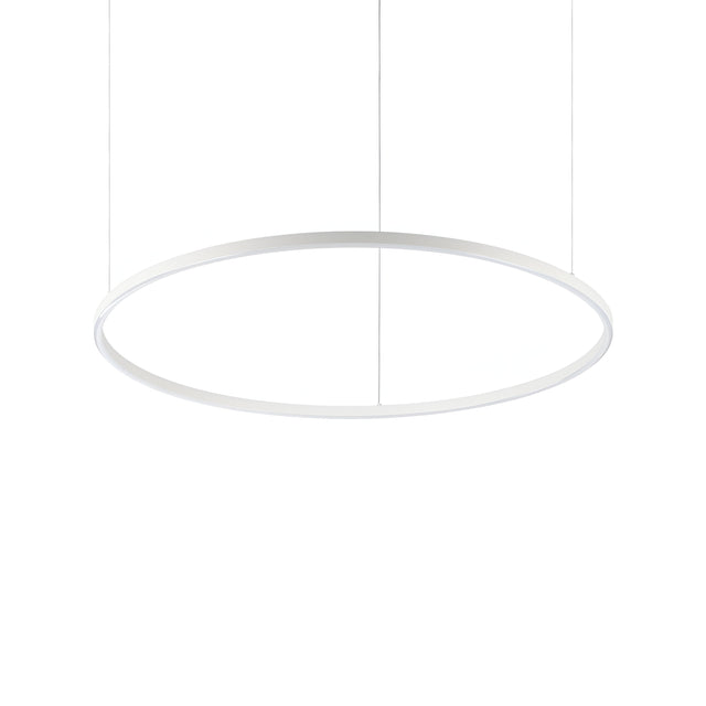 The Arcena Round LED Suspension Light - Dimmable, 3000K, White, 90cm is a modern, minimalist fixture showcasing an energy-efficient LED thin white ring. It is gracefully suspended from the ceiling by two wires against a plain white background.