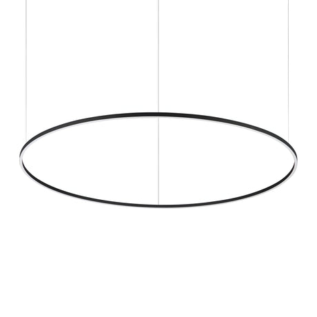 The Arcena Round LED Suspension Light, featuring dimmable functionality set at 3000K, showcases a sleek black frame suspended by discreet wires against a white backdrop to create an ideal minimalist ambiance.