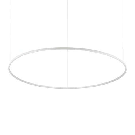 The Arcena Round LED Suspension Light - Dimmable, 3000K, White, 150cm features a sleek and modern circular design with a thin white frame. It hangs elegantly from two wires and is enhanced by energy-efficient LED technology, providing a subtle dimmable feature against the plain white background.