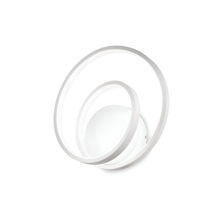 The Glistis Dimmable LED Wall Light - White, 28W features a minimalist design with two overlapping circular rings and a central round LED light. Its sleek modern style, set against a plain white background, emphasizes simple geometric shapes and energy efficiency for an environmentally friendly allure.