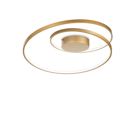 The Glistis Dimmable LED Ceiling Light - Brass, 48W is a contemporary ceiling fixture with a sleek, minimalist design, featuring two slender concentric golden rings. These rings are equipped with dimmable LED lighting and are elegantly attached to a central circular element, giving the fixture a spiral-like appearance.
