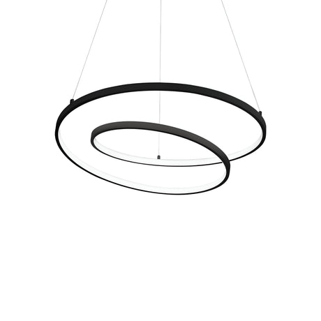 The Glistis Dimmable LED Suspension Light 3000K, 48W - Black, 60cm is a contemporary pendant fixture with a sleek design, featuring two concentric rings in a matte black finish. It hangs from the ceiling by slender wires and emits adjustable LED lighting from the inner edges against its plain white backdrop.