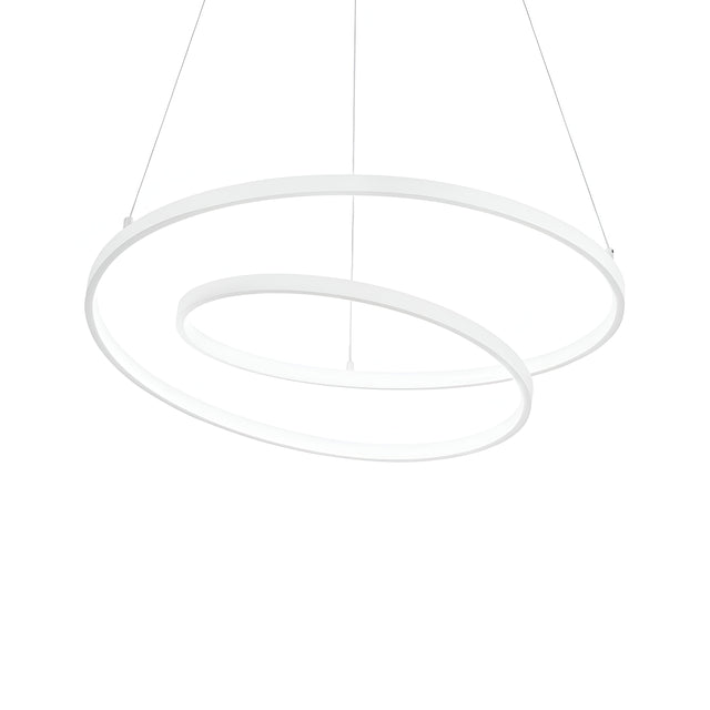 Introducing the Glistis Dimmable LED Suspension Light: A sleek and minimalistic white circular pendant light featuring two overlapping rings. This fixture incorporates energy-efficient LED technology and is designed with an adjustable height, suspended from thin wires for a sophisticated contrast against a plain white backdrop.
