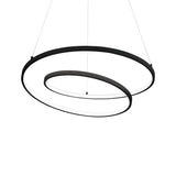 The Glistis Dimmable LED Suspension Light 3000K, 55W - Black, 80cm features a sleek design with two circular loops of different sizes, gracefully suspended against a white background. Its modern look is accentuated by thin connecting wires and the dimmable function that adds to its contemporary aesthetic.